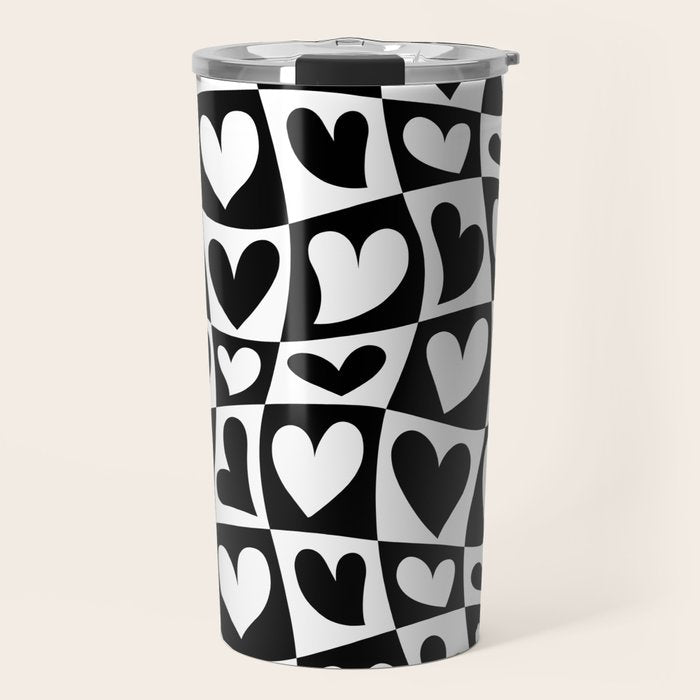 Black and white love heart checkered pattern Travel Mug Gallery Image 1