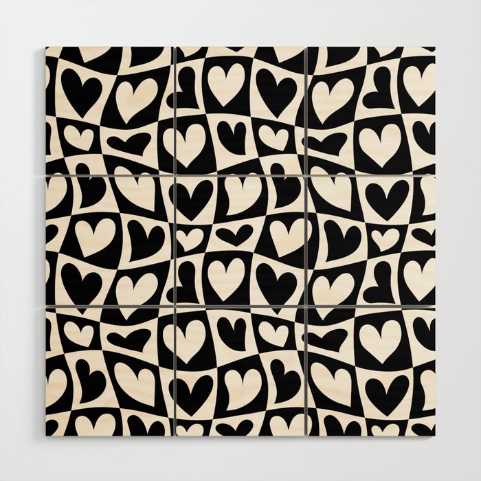 Black and white love heart checkered pattern Wood Wall Art Gallery Image 1