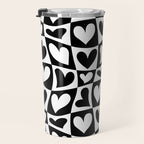 Black and white love heart checkered pattern Travel Mug Gallery Image 3