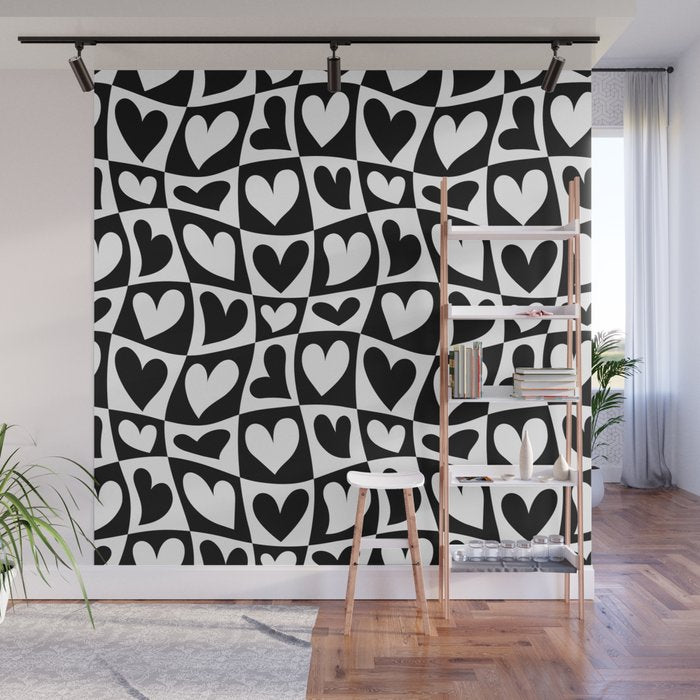 Black and white love heart checkered pattern Wall Mural Gallery Image 1