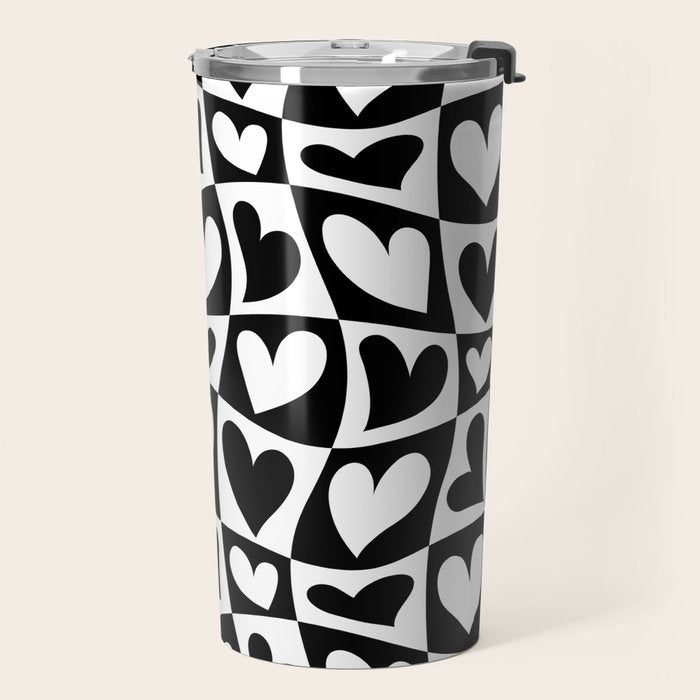 Black and white love heart checkered pattern Travel Mug Gallery Image 2