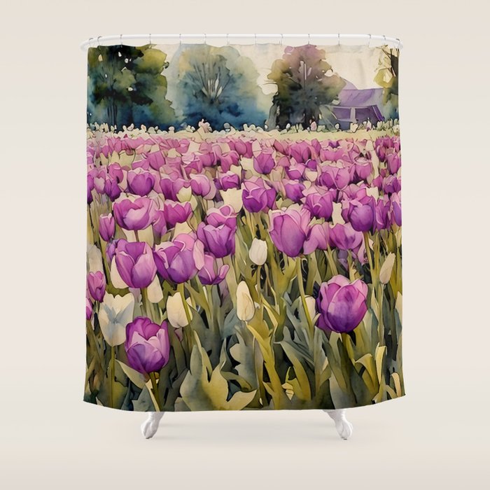 Purple tulips field  Shower Curtain Gallery Image 1