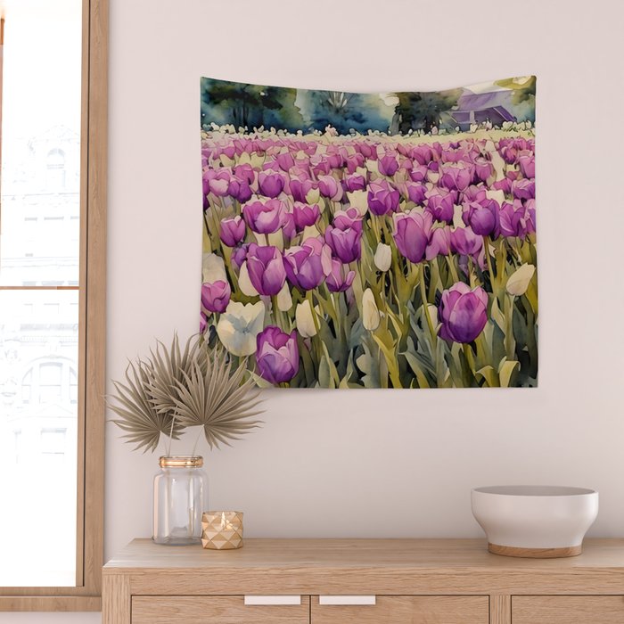 Purple tulips field  Wall Tapestry Gallery Image 2