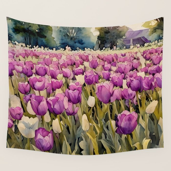 Purple tulips field  Wall Tapestry Gallery Image 1