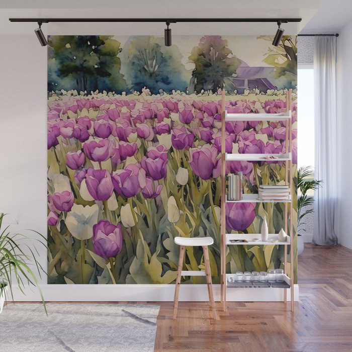 Purple tulips field  Wall Mural Gallery Image 1