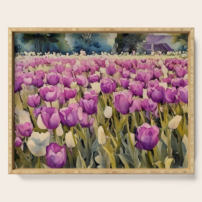 Purple tulips field  Serving Tray Gallery Image 1
