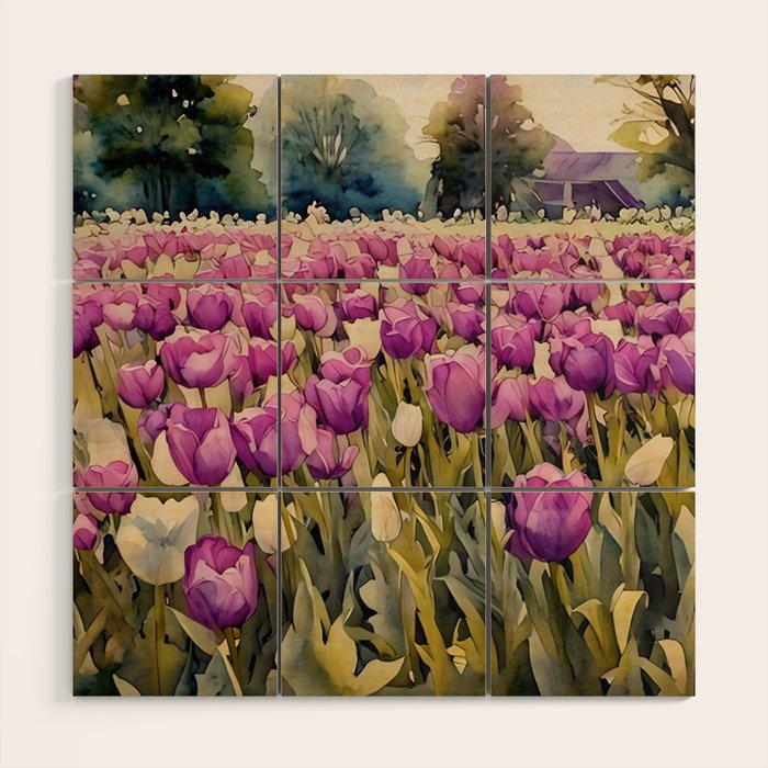 Purple tulips field  Wood Wall Art Gallery Image 1