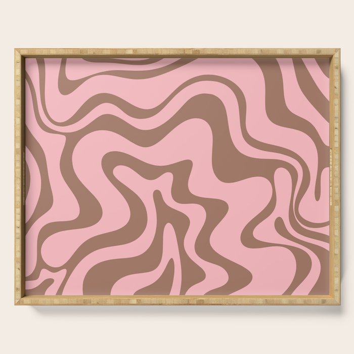 Retro Liquid Swirl Abstract Contemporary Pattern 4 in Mocha Brown and Pink Serving Tray Gallery Image 1