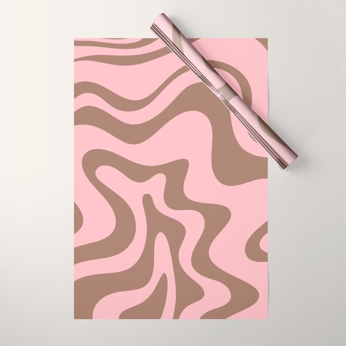Retro Liquid Swirl Abstract Contemporary Pattern 4 in Mocha Brown and Pink Wrapping Paper Gallery Image 1