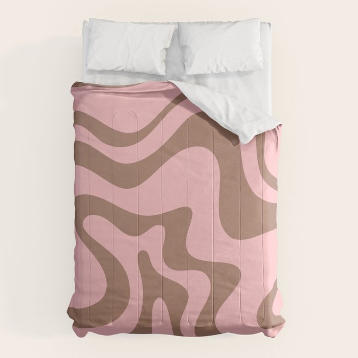 Retro Liquid Swirl Abstract Contemporary Pattern 4 in Mocha Brown and Pink Comforter Gallery Image 6