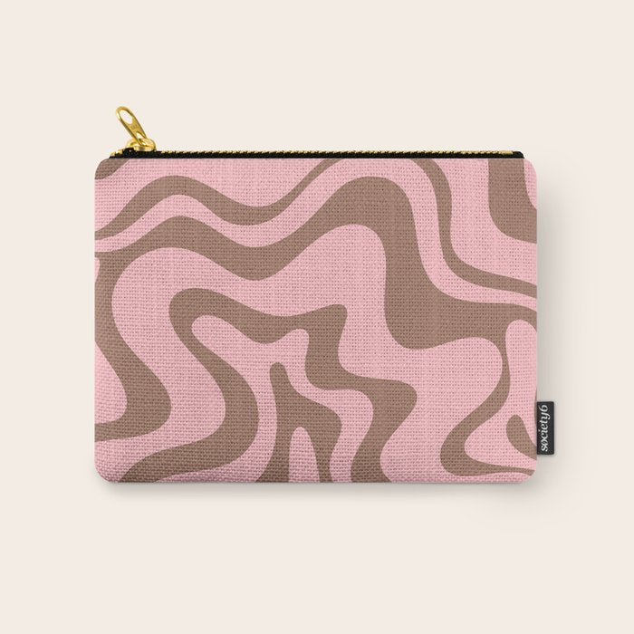 Retro Liquid Swirl Abstract Contemporary Pattern 4 in Mocha Brown and Pink Carry All Pouch Gallery Image 1