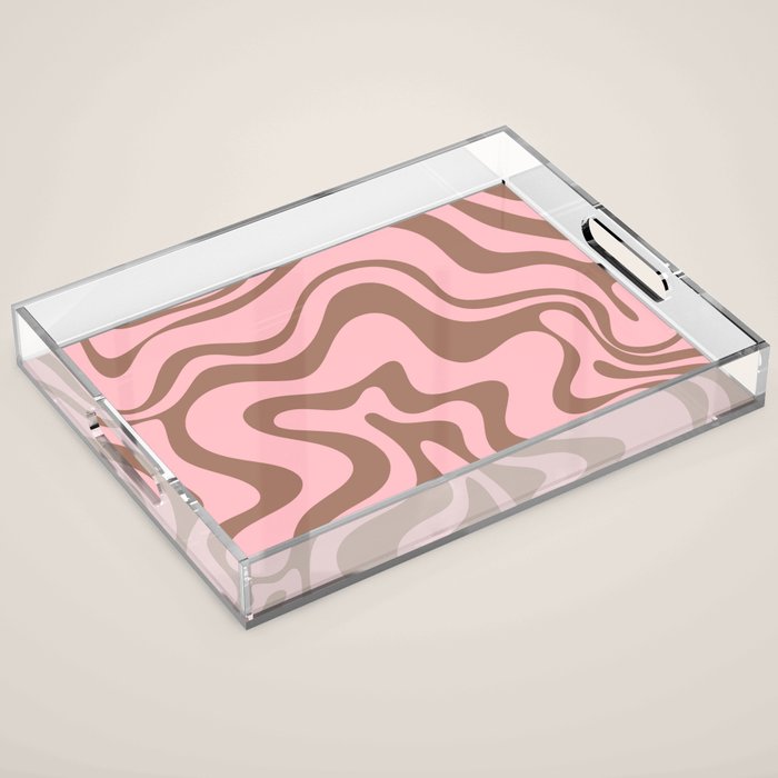 Retro Liquid Swirl Abstract Contemporary Pattern 4 in Mocha Brown and Pink Acrylic Tray Gallery Image 1