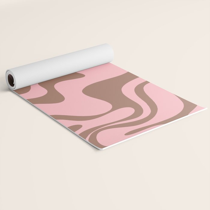 Retro Liquid Swirl Abstract Contemporary Pattern 4 in Mocha Brown and Pink Yoga Mat Gallery Image 2