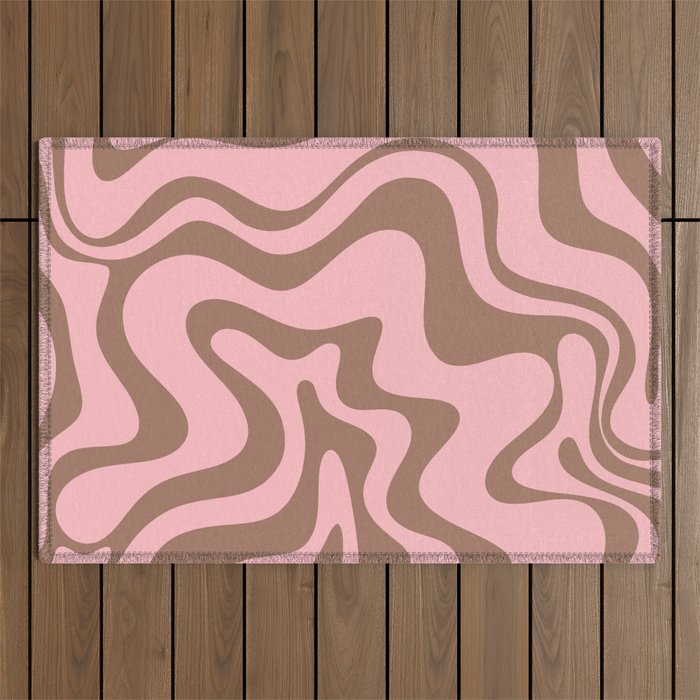 Retro Liquid Swirl Abstract Contemporary Pattern 4 in Mocha Brown and Pink Outdoor Rug Gallery Image 1