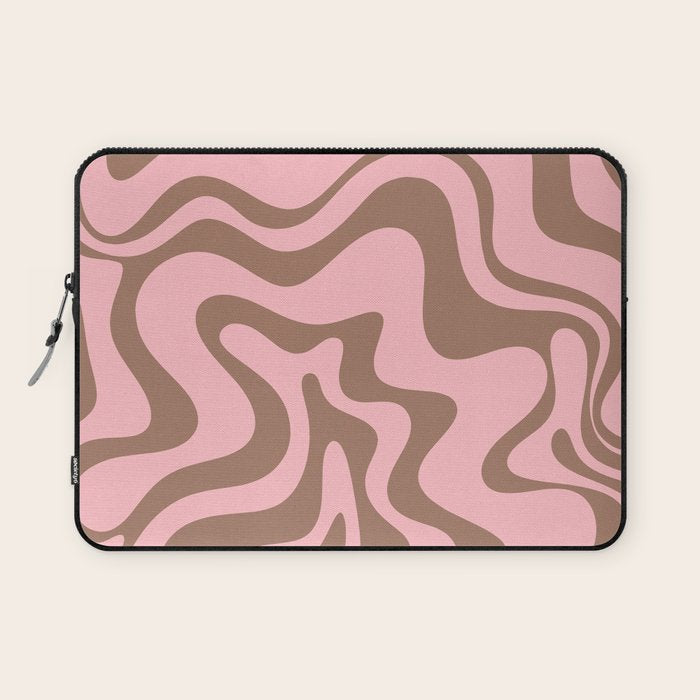 Retro Liquid Swirl Abstract Contemporary Pattern 4 in Mocha Brown and Pink Laptop Sleeve Gallery Image 1