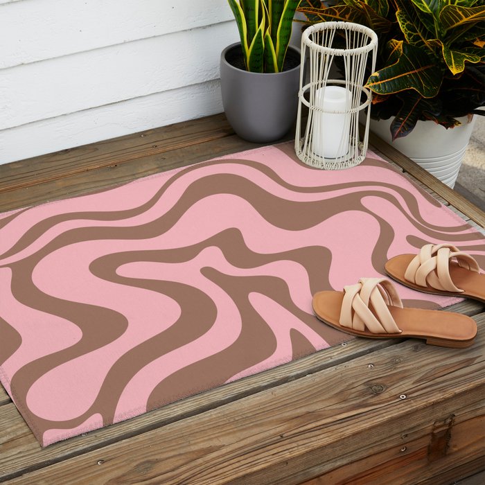 Retro Liquid Swirl Abstract Contemporary Pattern 4 in Mocha Brown and Pink Outdoor Rug Gallery Image 2