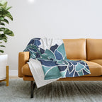 Festive, Floral Prints, Navy Blue and Teal on White Throw Blanket Gallery Image 1