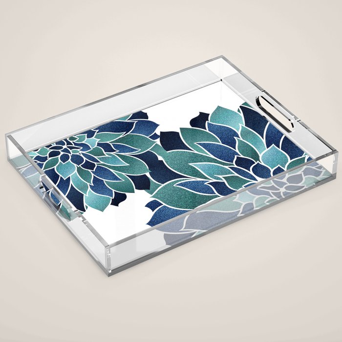 Festive, Floral Prints, Navy Blue and Teal on White Acrylic Tray Gallery Image 1