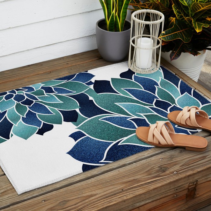 Festive, Floral Prints, Navy Blue and Teal on White Outdoor Rug Gallery Image 2
