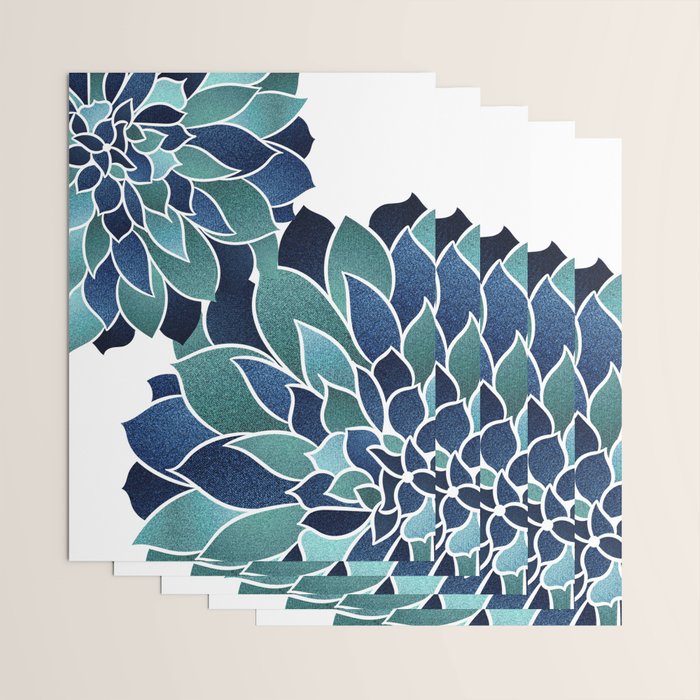 Festive, Floral Prints, Navy Blue and Teal on White Wrapping Paper Gallery Image 3