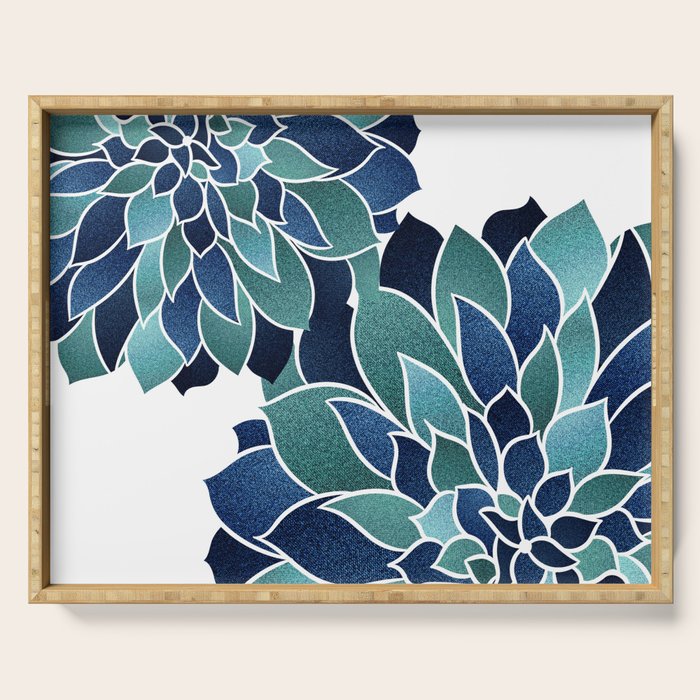 Festive, Floral Prints, Navy Blue and Teal on White Serving Tray Gallery Image 1