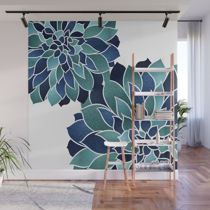 Festive, Floral Prints, Navy Blue and Teal on White Wall Mural Gallery Image 1