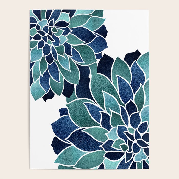 Festive, Floral Prints, Navy Blue and Teal on White Poster Gallery Image 4