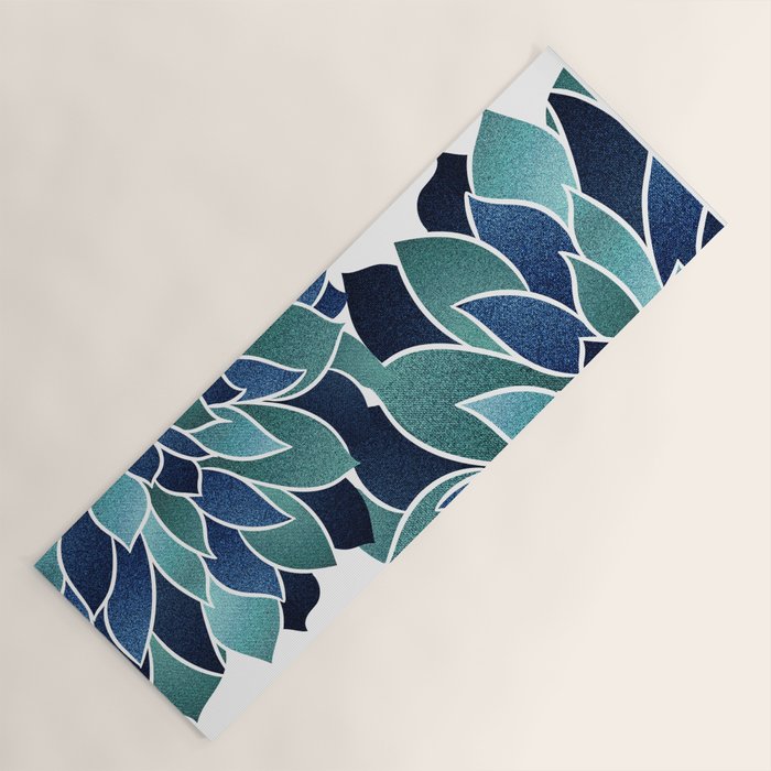 Festive, Floral Prints, Navy Blue and Teal on White Yoga Mat Gallery Image 1