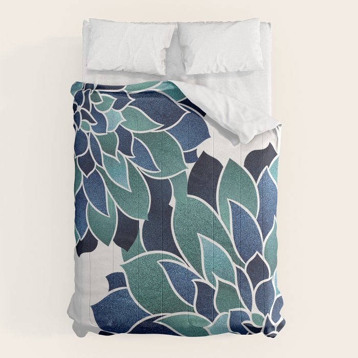 Festive, Floral Prints, Navy Blue and Teal on White Comforter Gallery Image 1