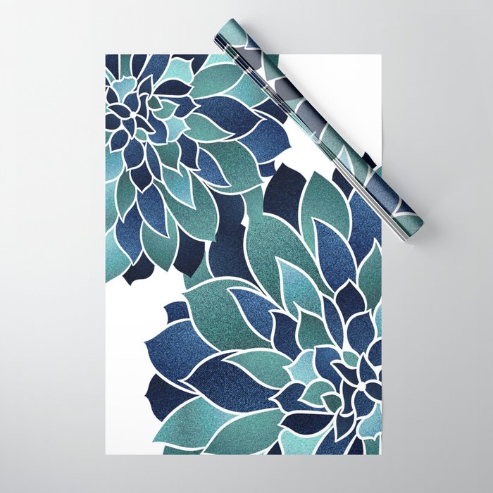 Festive, Floral Prints, Navy Blue and Teal on White Wrapping Paper Gallery Image 1