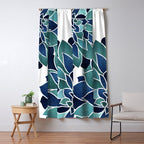 Festive, Floral Prints, Navy Blue and Teal on White Window Curtain Gallery Image 5