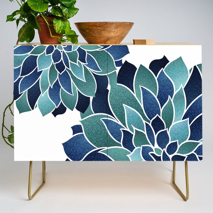 Festive, Floral Prints, Navy Blue and Teal on White Credenza Gallery Image 1