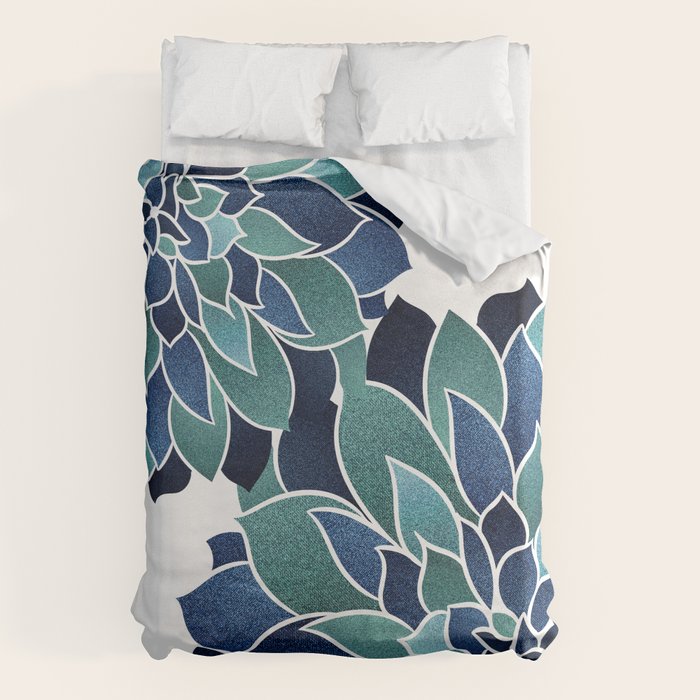 Festive, Floral Prints, Navy Blue and Teal on White Duvet Cover Gallery Image 6