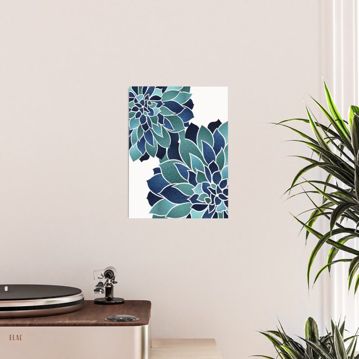 Festive, Floral Prints, Navy Blue and Teal on White Poster Gallery Image 2