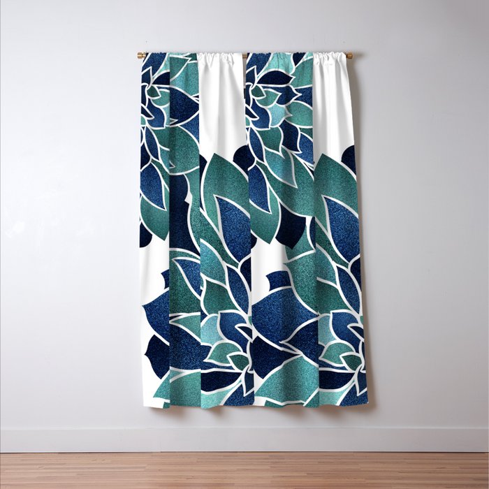 Festive, Floral Prints, Navy Blue and Teal on White Window Curtain Gallery Image 3