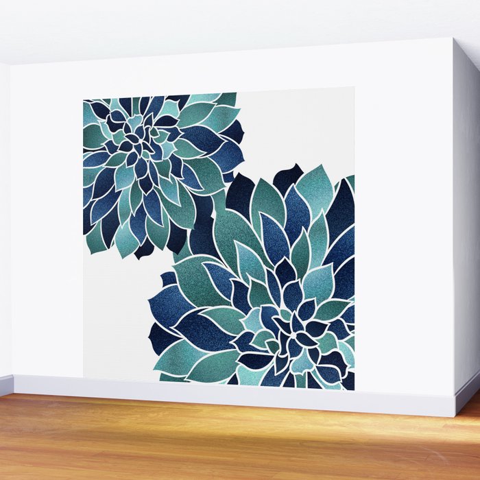 Festive, Floral Prints, Navy Blue and Teal on White Wall Mural Gallery Image 2