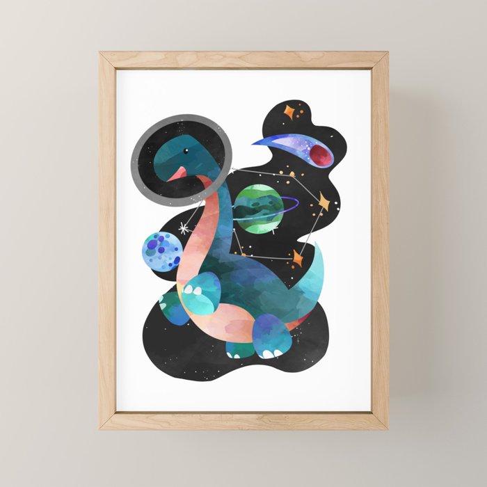 Dinosaur Astronauts In Space Watercolor Pattern Mini Art Print Gallery Image 1