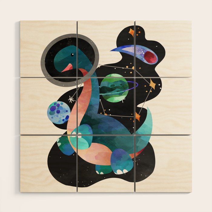 Dinosaur Astronauts In Space Watercolor Pattern Wood Wall Art Gallery Image 1