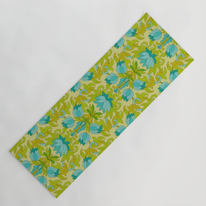 Turquoise and Green Leaves 1960s Retro Vintage Pattern Yoga Mat Gallery Image 1