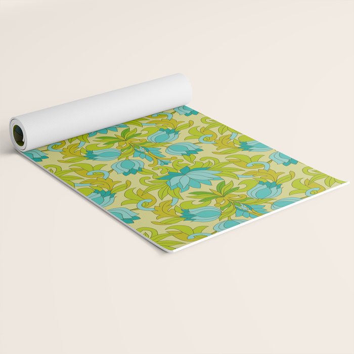 Turquoise and Green Leaves 1960s Retro Vintage Pattern Yoga Mat Gallery Image 2