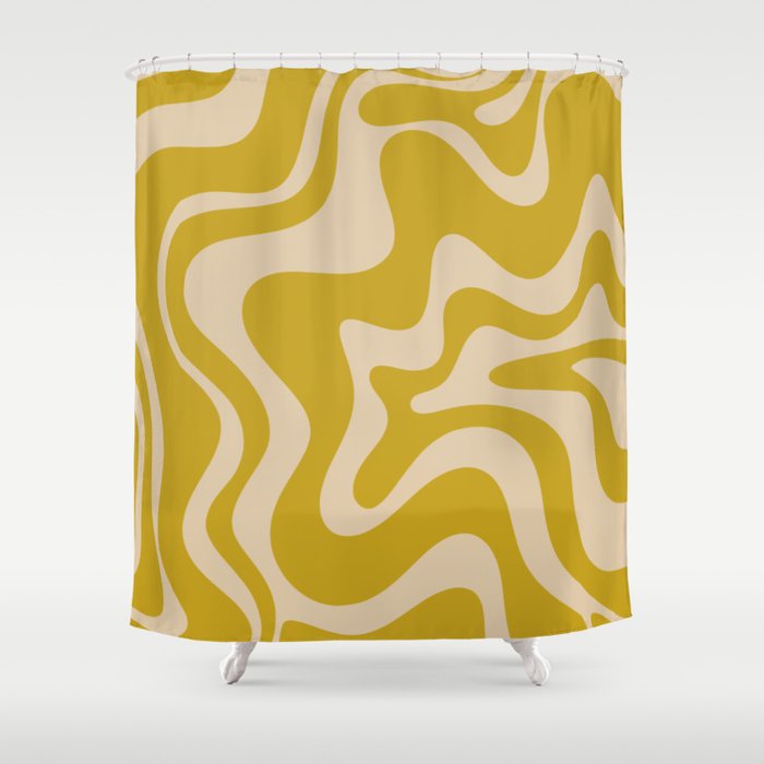 Liquid Swirl Retro Abstract Pattern in Mid Mod Mustard and Beige Shower Curtain Gallery Image 1