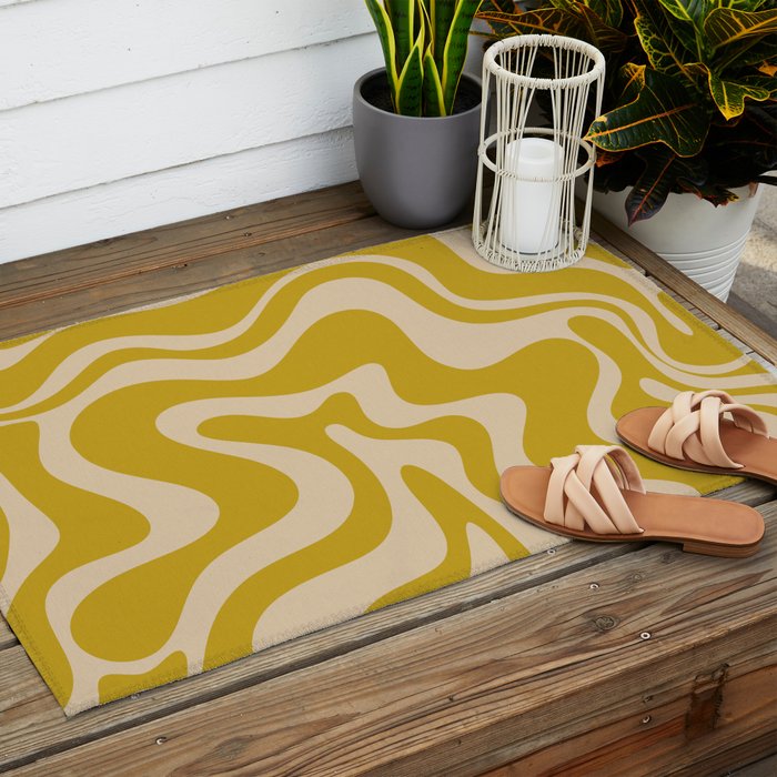 Liquid Swirl Retro Abstract Pattern in Mid Mod Mustard and Beige Outdoor Rug Gallery Image 2