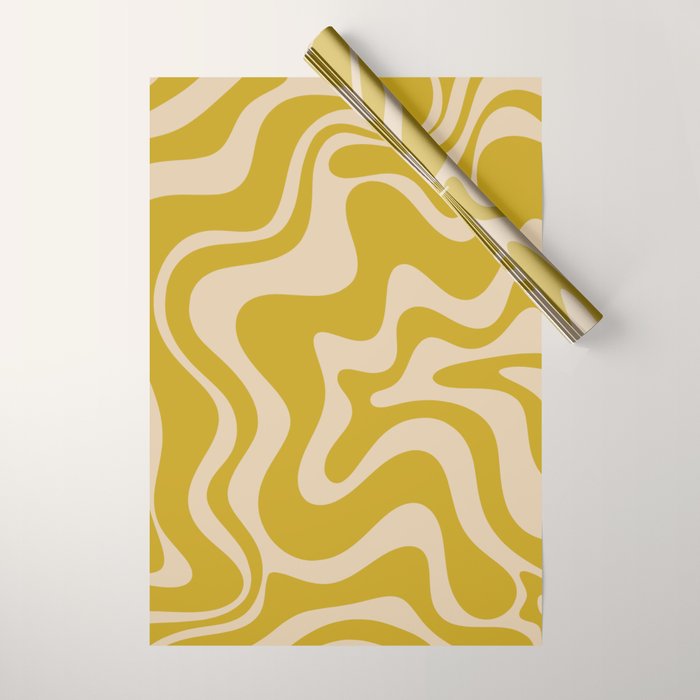 Liquid Swirl Retro Abstract Pattern in Mid Mod Mustard and Beige Wrapping Paper Gallery Image 1