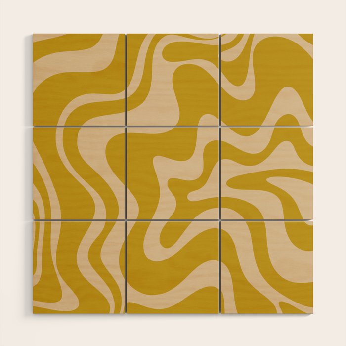 Liquid Swirl Retro Abstract Pattern in Mid Mod Mustard and Beige Wood Wall Art Gallery Image 1