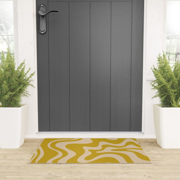 Liquid Swirl Retro Abstract Pattern in Mid Mod Mustard and Beige Welcome Mat Gallery Image 3