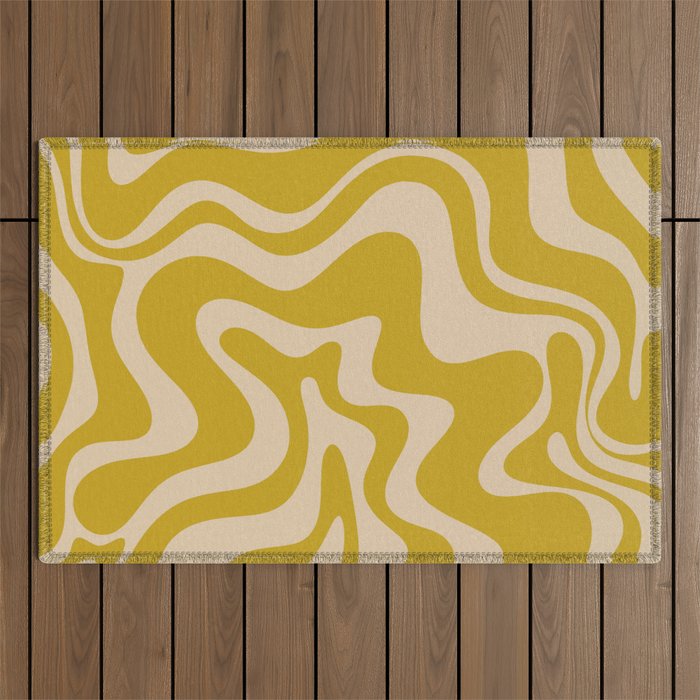 Liquid Swirl Retro Abstract Pattern in Mid Mod Mustard and Beige Outdoor Rug Gallery Image 1