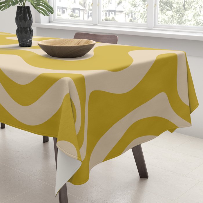 Liquid Swirl Retro Abstract Pattern in Mid Mod Mustard and Beige Tablecloth Gallery Image 3