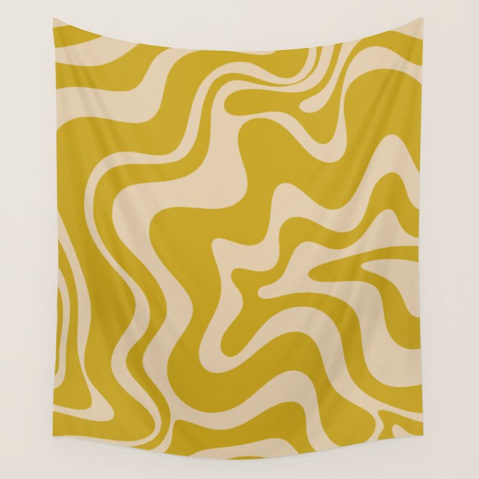 Liquid Swirl Retro Abstract Pattern in Mid Mod Mustard and Beige Wall Tapestry Gallery Image 4