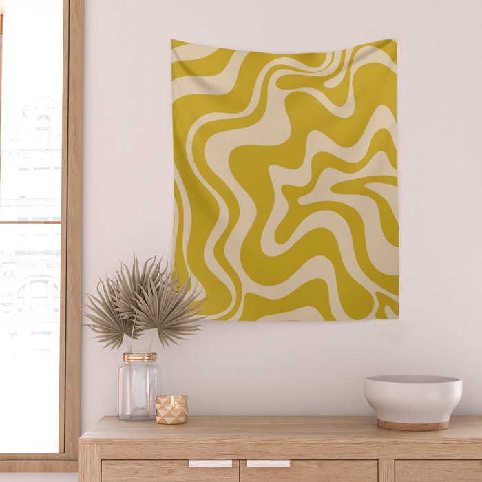 Liquid Swirl Retro Abstract Pattern in Mid Mod Mustard and Beige Wall Tapestry Gallery Image 2