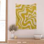 Liquid Swirl Retro Abstract Pattern in Mid Mod Mustard and Beige Wall Tapestry Gallery Image 2